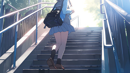 anime school idol girl, climbing the stairs - obrazy, fototapety, plakaty