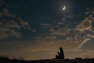 A lone figure in prayer beneath the moonlit Ramadan sky