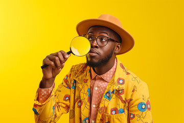 A casually dressed young man holds a magnifying glass while playfully inspecting something, smiling with amusement against a bright golden yellow studio background