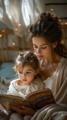 A tender moment as a mother reads to her young child, both engrossed in a colorful storybook in a cozy, warmly lit bedroom setting.