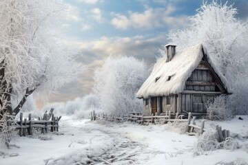 Picturesque Rural winter landscape village house. Sunrise season. Generate Ai