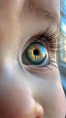 Detailed close-up of a child's eye with a unique multicolored iris, showcasing intricate patterns and natural beauty.