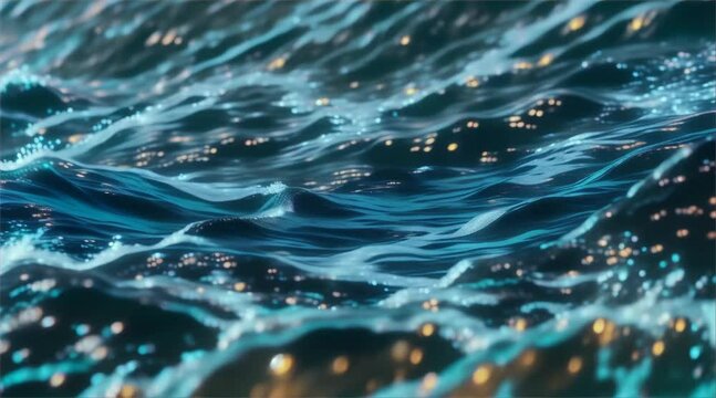 Close-up digital image of ocean waves with sparkling and glittering particles, capturing a serene and magical underwater scene.
