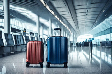 Vacation idea, traveller cases in the departure airport terminal waiting for the area, two suitcases in an empty airport hall