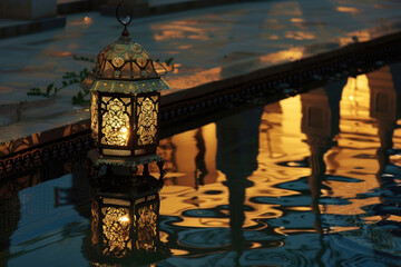 An old lantern reflects on a tranquil pool during a peaceful Ramadan evening