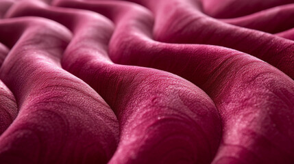 Closeup of plush burgundy velvet its surface rippling with curved lines and subtle shine.