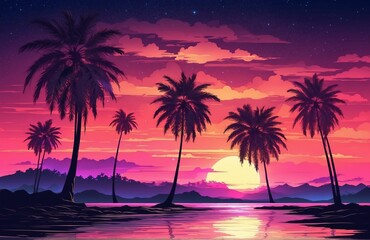 Fototapeta na wymiar Night landscape with palm trees, against the backdrop of a neon sunset, stars. Silhouette coconut palm trees on beach at sunset. Vintage tone. Futuristic landscape. Neon palm tree. Tropical sunset.