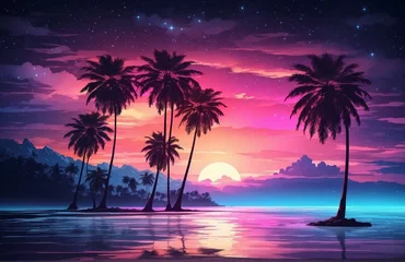 Outdoor-Kissen Night landscape with palm trees, against the backdrop of a neon sunset, stars. Silhouette coconut palm trees on beach at sunset. Vintage tone. Futuristic landscape. Neon palm tree. Tropical sunset. © Rafli