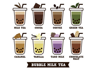 Flat design, A set of bubble tea drinks with topping.