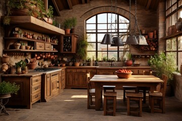 Charming Rustic kitchen. Cottage wood house. Generate Ai