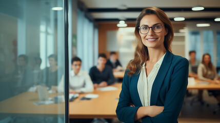 Businesswoman smiling while standing in front of her office work team with a conference room in the background