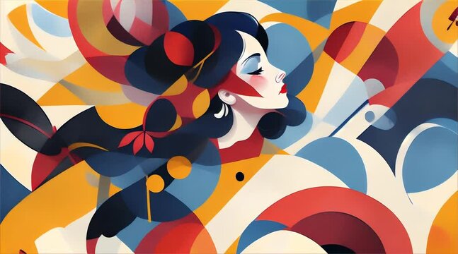 Modern illustration of a woman's face in profile, interlaced with bold geometric shapes and vivid colors.
