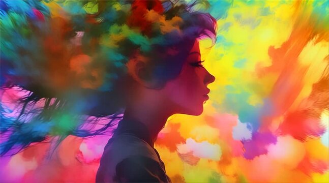 Digital art silhouette of a woman's profile against a vibrant, abstract background of swirling colors.

