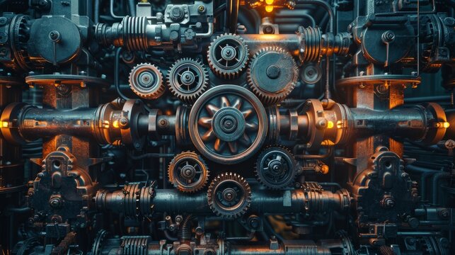 3D render of dark industrial vehicle parts, gears and pipes forming a mesmerizing pattern, stark beauty of engineering, wide angle, hyperrealistic, night, cyberpunk vibe, digital AI Generative