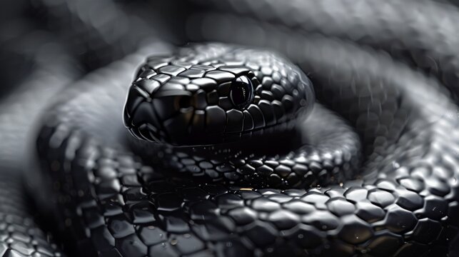 A 3D illustration of a black snake, coiled and ready, its form a study in contrast against a pure white canvas, an artful depiction that highlights the intricate scales s AI Generative
