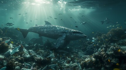 A compelling underwater view of the global issue with plastic rubbish, marine creatures amidst floating plastic waste, a powerful visual call to address the pressing environmental AI Generative