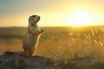 A vigilant prairie dog stands guard at sunset
