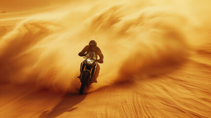 A double exposure image capturing the exhilarating speed of a motorcycle racing through the desert, with the motorcycle's silhouette merged with vast, sandy dunes, AI Generative