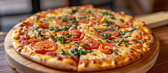 A close-up shot of a delicious thin pizza sitting on a wooden cutting board, topped with tomatoes, cheese, and special toppings.