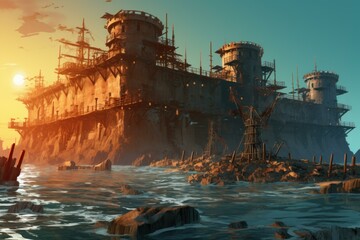 Dilapidated Rusty fortress sea. Defense fortress. Generate Ai - obrazy, fototapety, plakaty