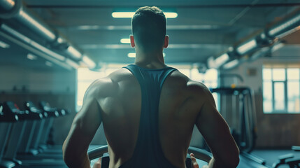Fototapeta na wymiar back view of a Man running on treadmill in gym, exercise for healthy lifestyle concept, health fitness routine