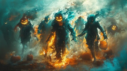 Abstract Halloween magic, colorful and lively, pumpkins and spectral figures dance in a festive nightmare, a scene of whimsical terror, AI Generative