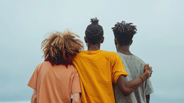 Rear view of young group of afro african friends hugging each other standing in a row at rooftop. Young teenage multiracial friends  standing and enjoying the view.