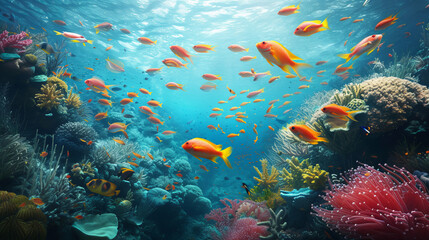 Naklejka na ściany i meble An underwater scene showcasing a school of vibrant fish, coral reefs, and marine life, illustrating the diversity and grace of wildlife in oceanic habitats, AI Generative
