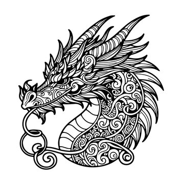 Dragon head - coloring book for adults and children, detailed, antistress