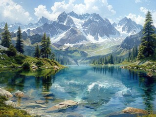 A detailed hyper-realistic painting featuring an alpine lake surrounded by towering mountains.