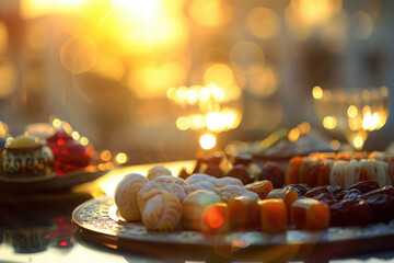Obraz na płótnie Canvas Delicate sweets and dates ready for iftar, bathed in sunset light