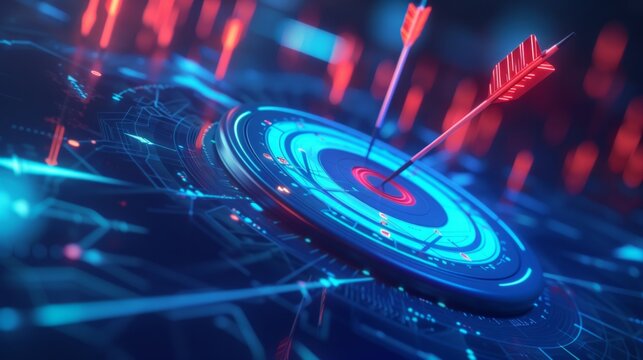 Design a visually striking 3D rendered image featuring a sleek, digital target with arrows embedded in its bullseye, all floating in a mysterious dark void. Use dynamic lighting, AI Generative