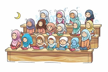 Cartoon cute doodles of characters attending Ramadan lectures and Islamic classes to gain knowledge and strengthen their faith, Generative AI