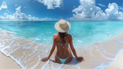 Fototapeta na wymiar rear view at a woman sunbathing relaxing on the beach, holiday banner panoramic with copy space, female relaxing on a tropical beach with turqouse colored ocean