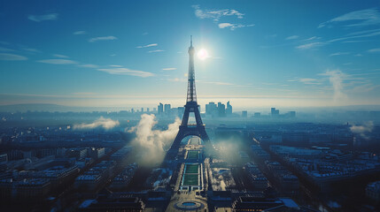 Paris aerial panorama with river Seine and Eiffel Tower, France. at sunrise drone view, blue sky with moving clouds - obrazy, fototapety, plakaty