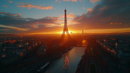 Paris aerial panorama with river Seine and Eiffel tower, France. at sunset golden hour, drone view