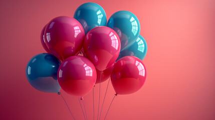 red and blue balloons, Pastel balloons on a pink background. Birthday party background, Copy space,. Flat lay style