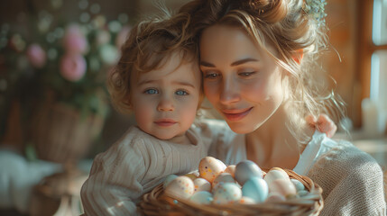 Sweet family portrait of happy mother and little son holding wicker basket full of painted multi colored Easter eggs, embracing and smiling in the cozy light kitchen at home