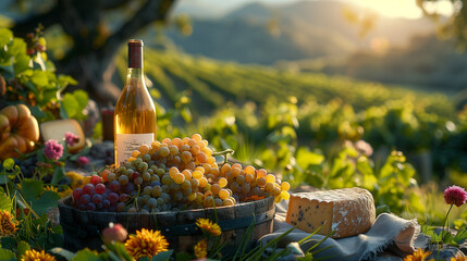 picnic in the vineyards with a bottle of  wine and cheese and fruits, on a linen tablecloth, copy space, still life wine ,cheese and prosciutto. Romantic dinner outdoors - obrazy, fototapety, plakaty