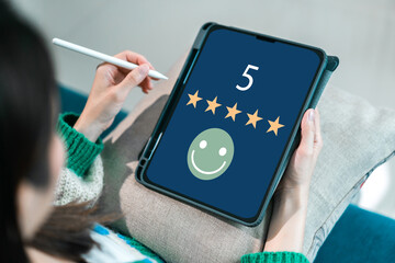 Customer service and satisfaction concept ,five star, customer, Business people using tablet...