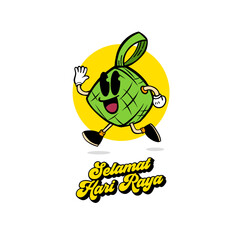 Cheerful Ketupat mascot with a retro style character. Selamat Hari Raya Character