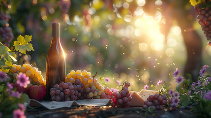 picnic in the vineyards with a bottle of  wine and cheese and fruits, on a linen tablecloth, copy...