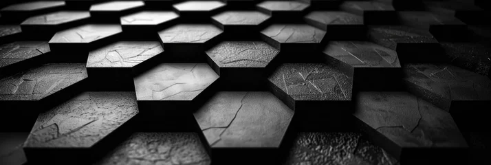 Fotobehang Black and white hexagonal tiles form a geometric pattern in this image. © Sasha Cine