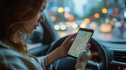 Close up hand woman using navigation or GPS on mobile smartphone. Blurred car interior background. Viewing location map