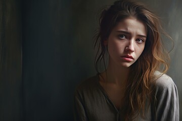 Fototapeta premium Distraught Sad upset young woman. Tired young sad female stress pain. Generate Ai