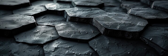 A group of black rocks with water droplets on them.
