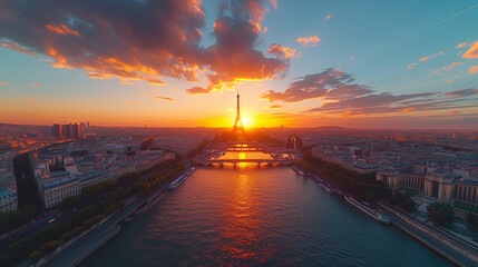 Paris aerial panorama with river Seine and Eiffel tower, France. Romantic summer holidays vacation destination. Panoramic view above historical Parisian buildings and landmarks  - obrazy, fototapety, plakaty