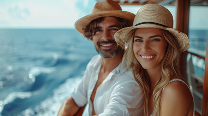 couple on a wooden deck of a cruise ship, a Luxury cruise vacation, travel elegant tourist man and woman on the balcony deck of a luxury yacht, Summer vacation cruise ship, copy space - obrazy, fototapety, plakaty