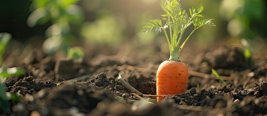 A baby carrot, freshly sprouted from the earth, showcases the beginning stages of growth in a garden setting. The small vegetable is slowly growing into a vibrant orange color under the nourishing