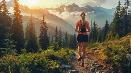 Young fitness woman running at morning tropical forest trail in Squamish, British Columbia, Canada.